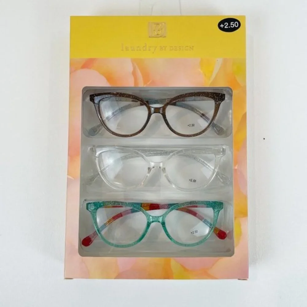 Laundry by Design +2.50 Reading Glasses Glitter Aqua Clear Brown Striped
